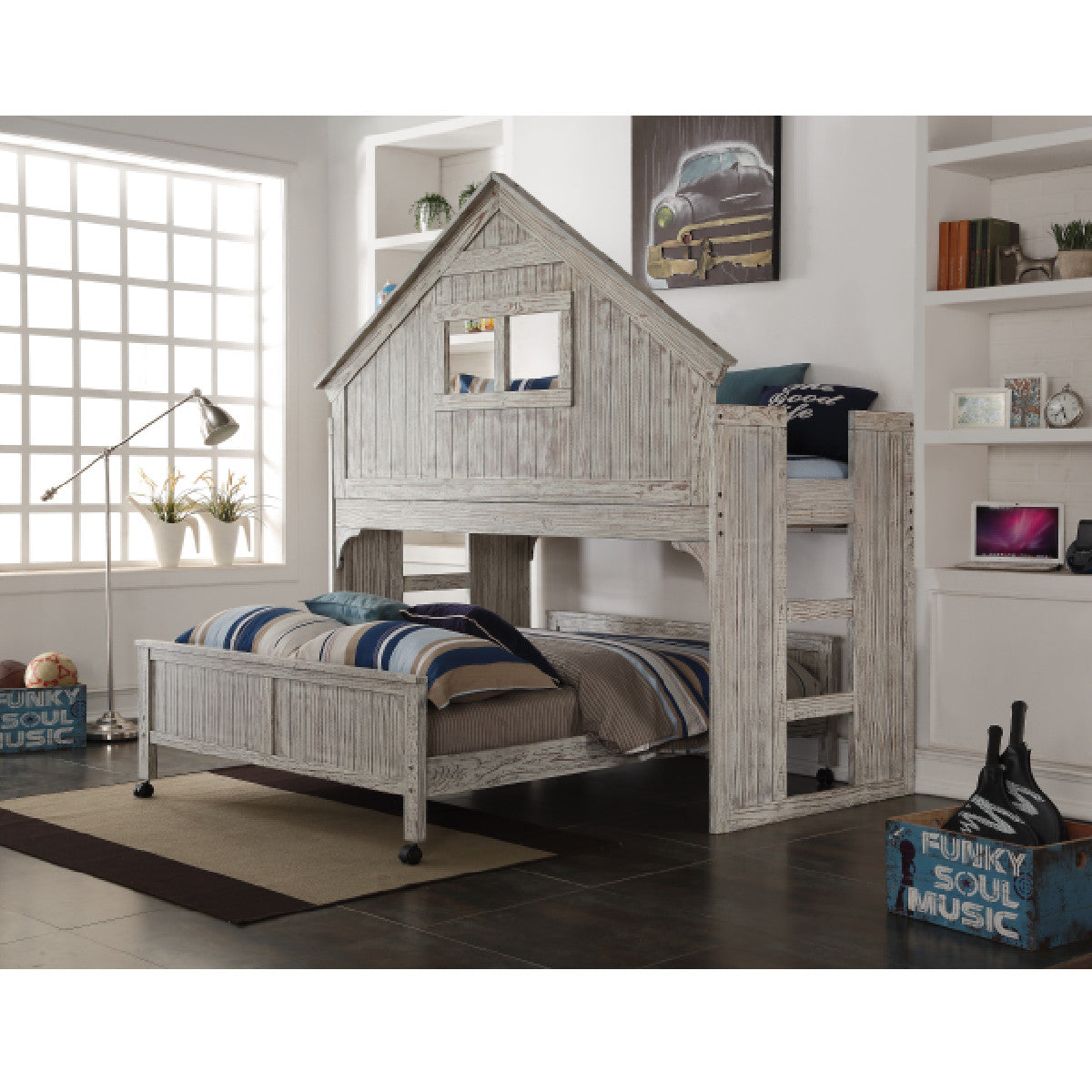 CLUB HOUSE LOW LOFT TWIN BED WITH FULL CASTER BED IN BRUSHED DRIFTWOOD FINISH