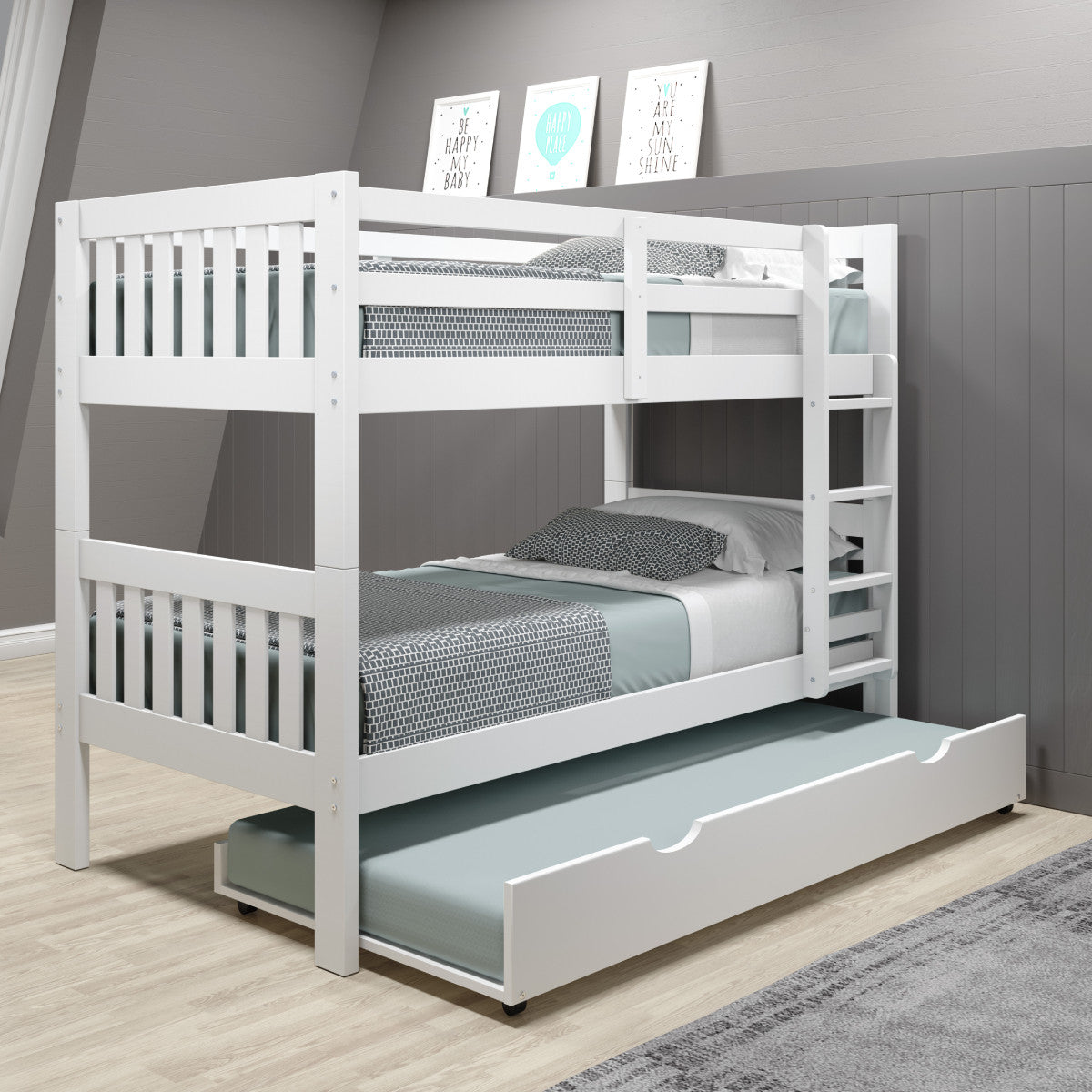 TWIN/TWIN MISSION BUNK BED W/TWIN TRUNDLE BED IN WHITE FINISH