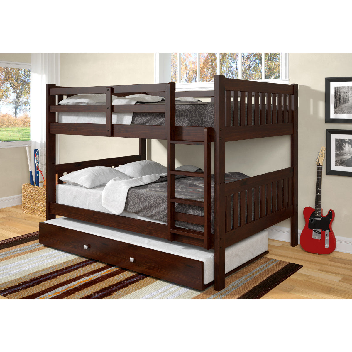 FULL/FULL MISSION BUNK BED WITH TRUNDLE BED DARK CAPPUCCINO FINISH
