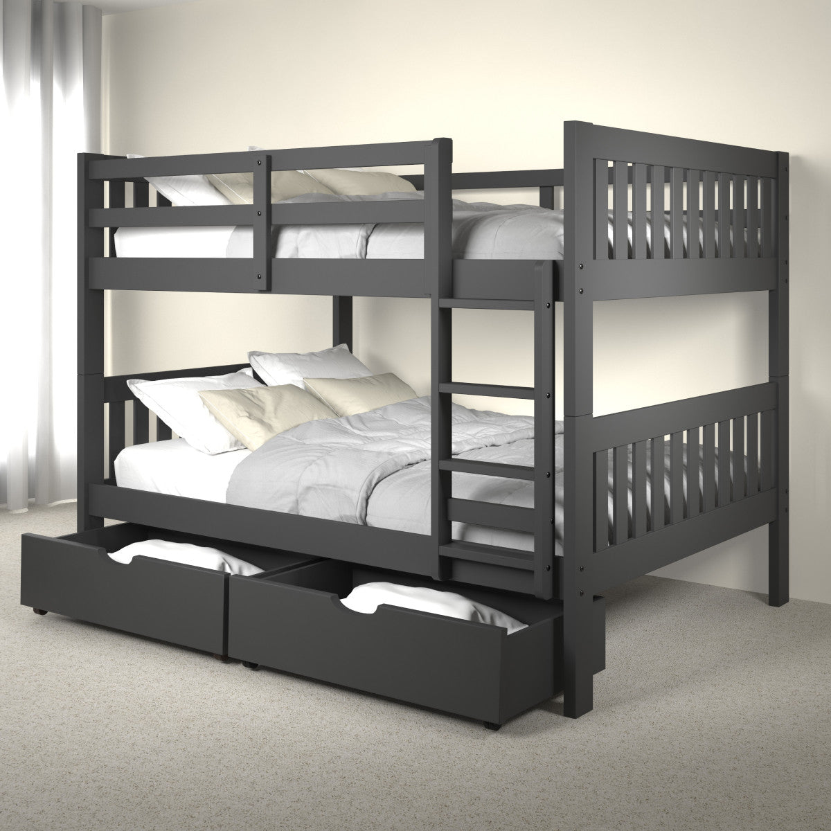FULL/FULL MISSION BUNK BED WITH DUAL UNDERBED DRAWERS DARK GREY FINISH