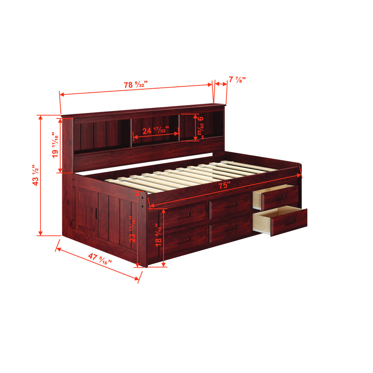 TWIN DAYBED BOOKCASE CAPTAINS BED WITH 6 DRAWER UNDER BED STORAGE IN MERLOT FINISH