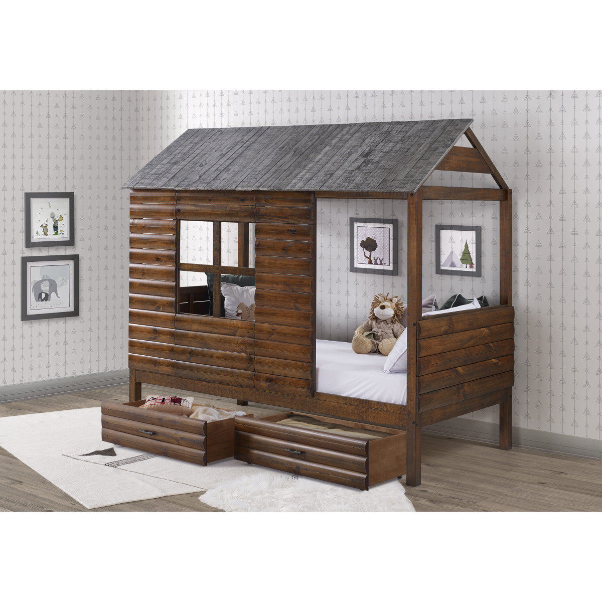 TWIN LOG CABIN LOW LOFT IN RUSTIC WALNUT/RUSTIC SILVER W/DUAL UNDERBED DRAWERS