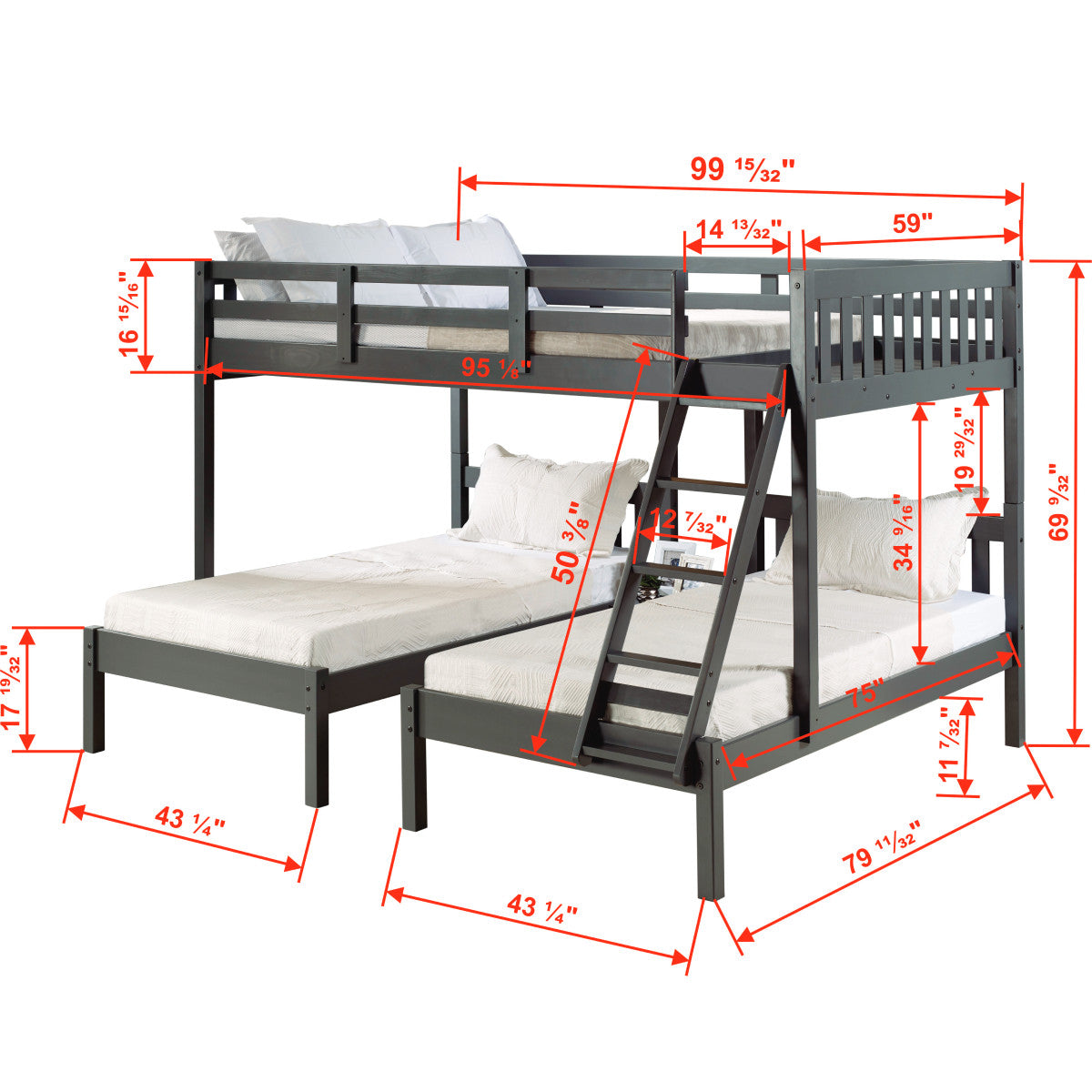 FULL OVER DOUBLE TWIN BED LOFT BUNK IN DARK GREY FINISH