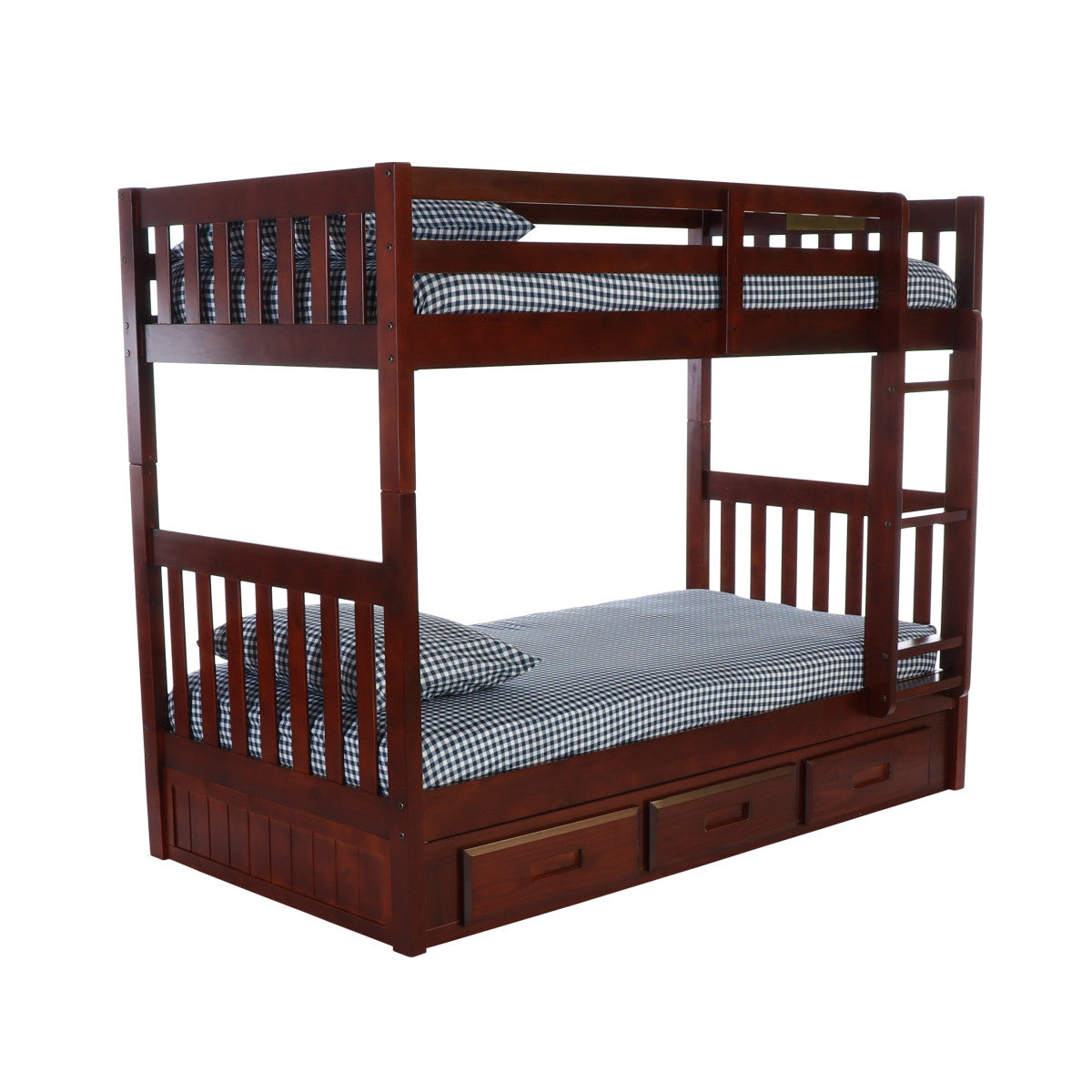 TWIN/TWIN MISSION BUNK BED WITH 3 DRAWER BUNK PEDESTAL IN MERLOT FINISH