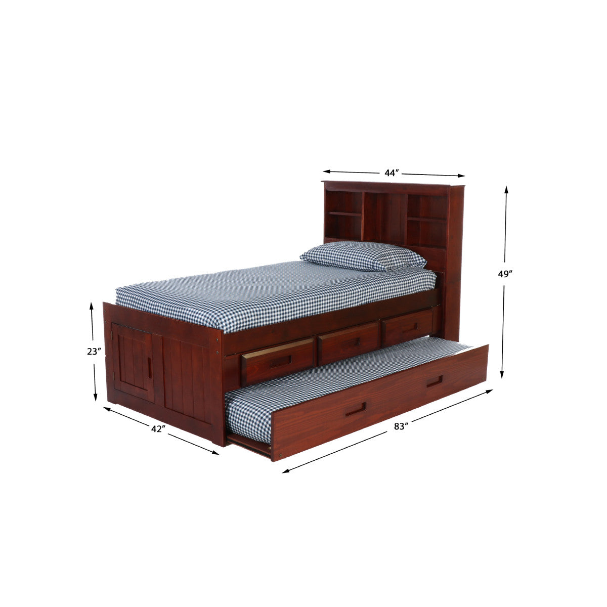TWIN BOOKCASE BED WITH 3 DRAWER STORAGE AND TWIN TRUNDLE BED IN MERLOT FINISH