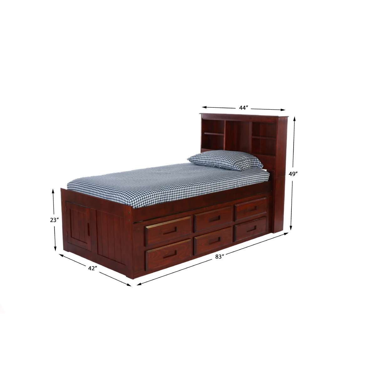 TWIN BOOKCASE BED WITH 6 DRAWER UNDER BED STORAGE IN MERLOT FINISH