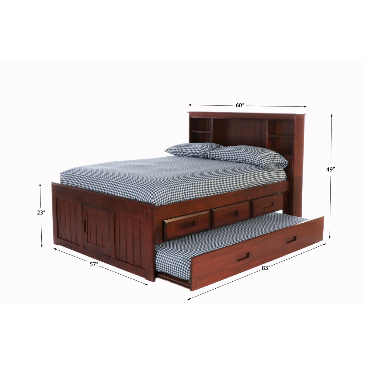 FULL BOOKCASE BED WITH 3 DRAWER STORAGE AND TWIN TRUNDLE BED IN MERLOT FINISH