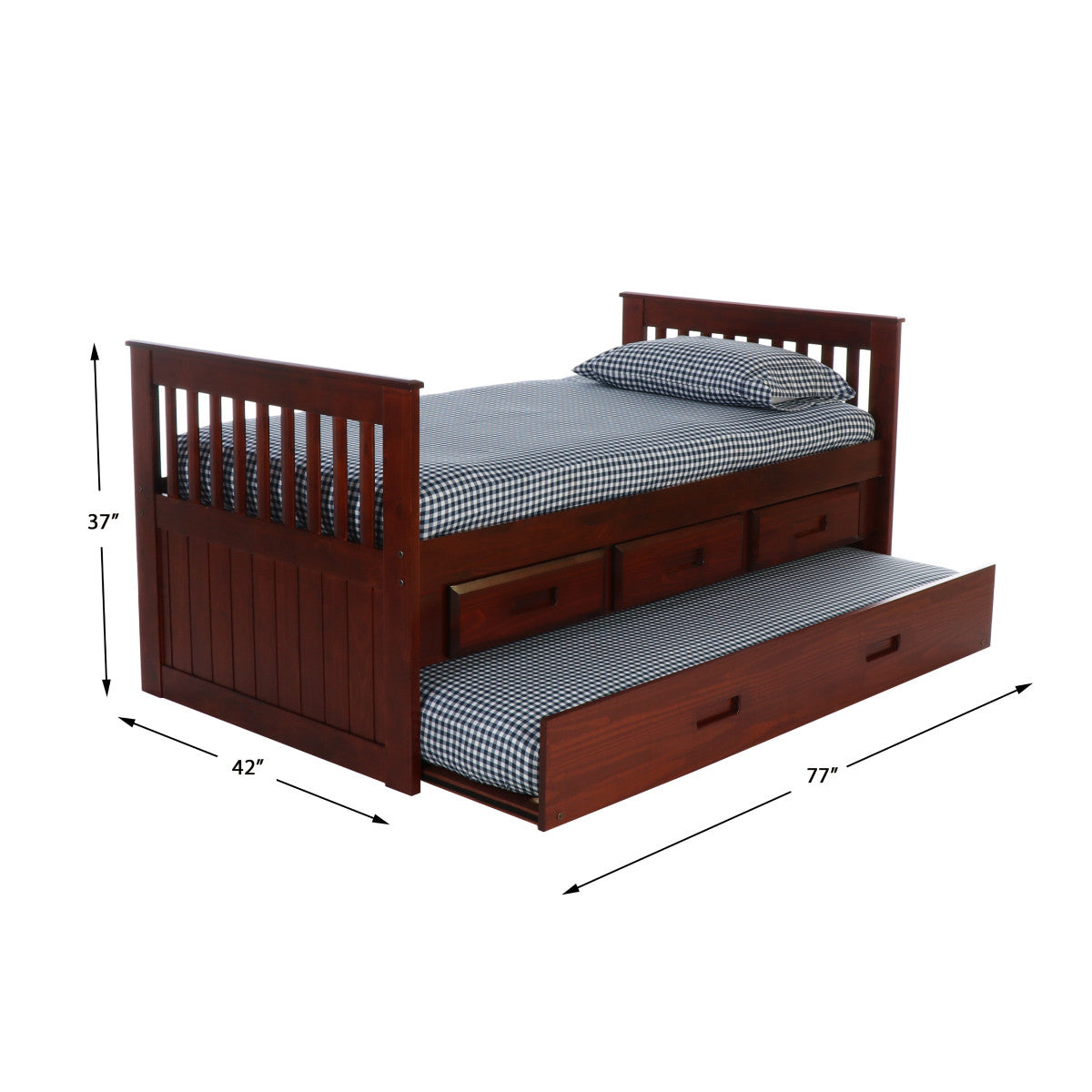 TWIN MISSION RAKE BED WITH 3 DRAWER STORAGE AND TWIN TRUNDLE BED IN MERLOT FINISH