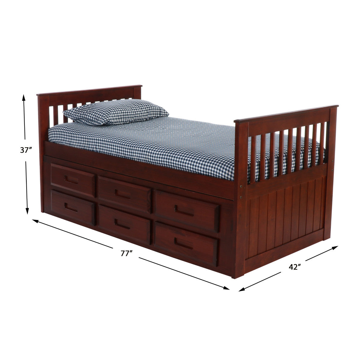 TWIN MISSION RAKE BED WITH 6 DRAWER UNDER BED STORAGE IN MERLOT FINISH