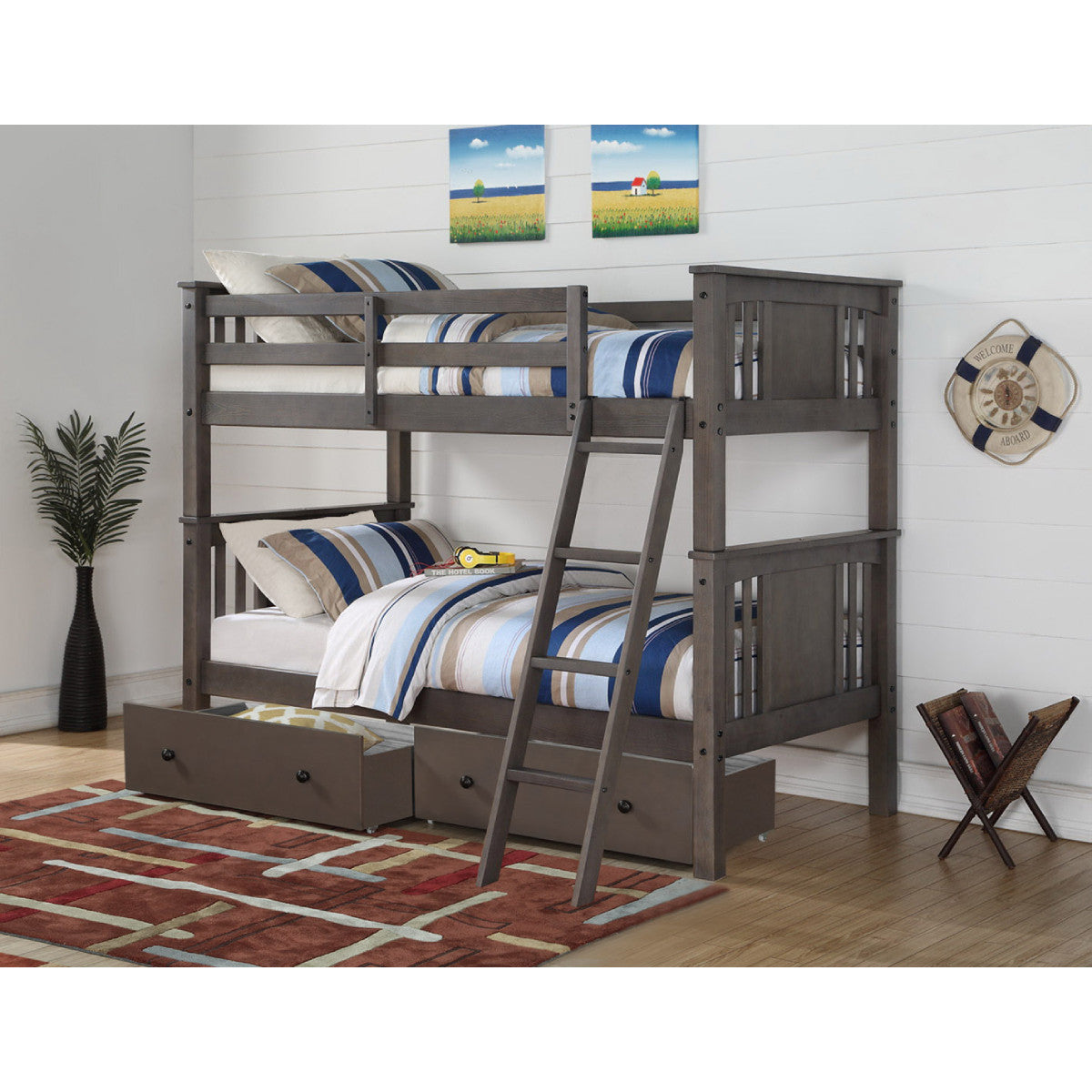 TWIN/TWIN PRINCETON PANEL/MISSION BUNK BED WITH DUAL UNDERBED DRAWERS IN SLATE GREY FINISH