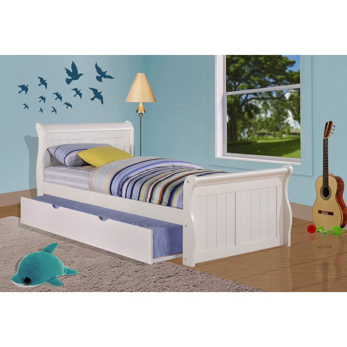 TWIN SLEIGH BED WITH TRUNDLE BED WHITE FINISH