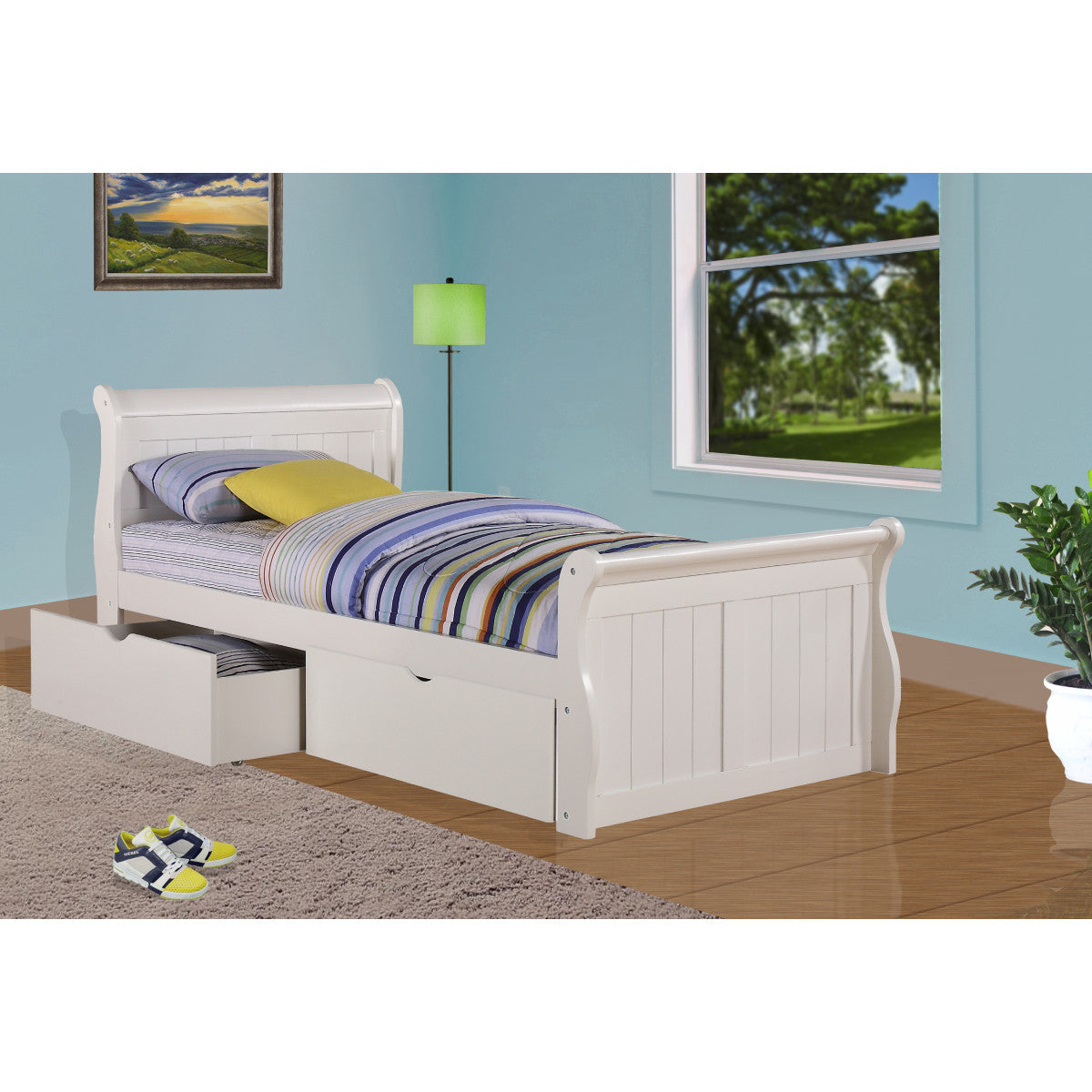 TWIN SLEIGH BED WITH DUAL UNDERBED DRAWERS WHITE FINISH