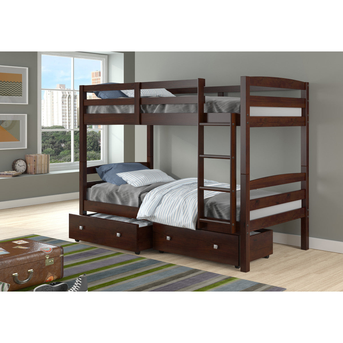 TWIN/TWIN DEVON BUNK BED WITH DUAL UNDERBED DRAWERS IN DARK CAPPUCCINO FINISH