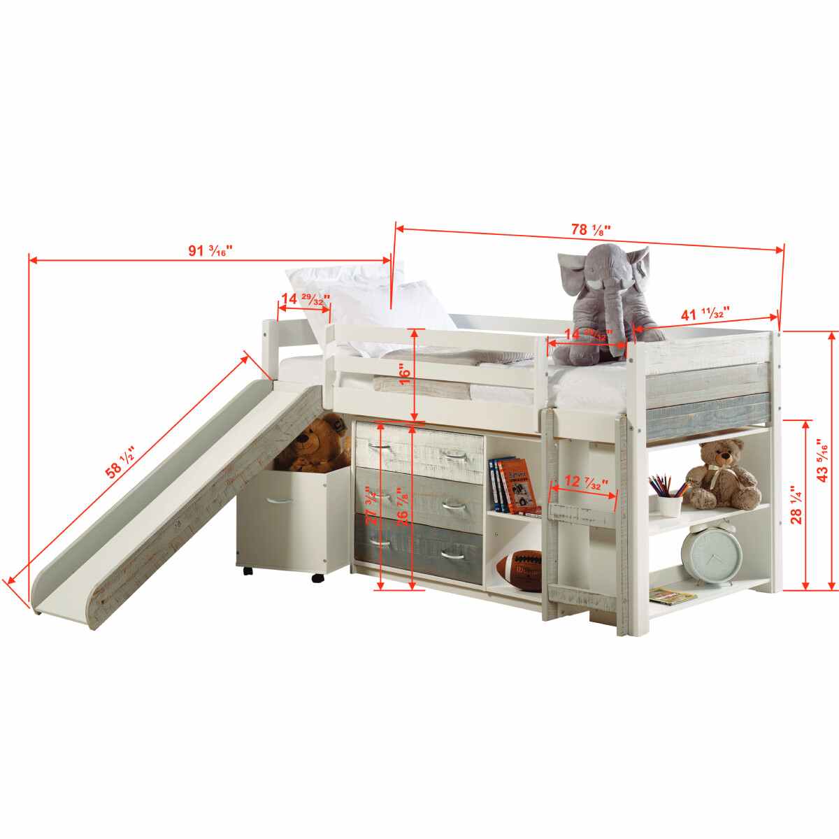 TWIN PANEL LOW LOFT SET WITH SLIDE & CASE PIECES IN TWO-TONE GREY/WHITE FINISH