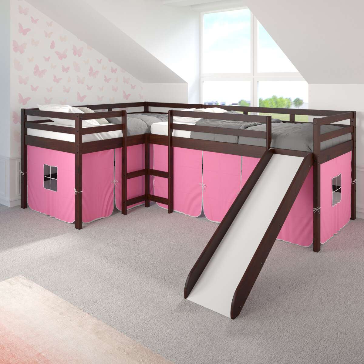 DONCO 760 DOUBLE TWIN L-LOFT BED IN DARK CAPPUCCINO FINISH W/PINK TENT KIT COPY