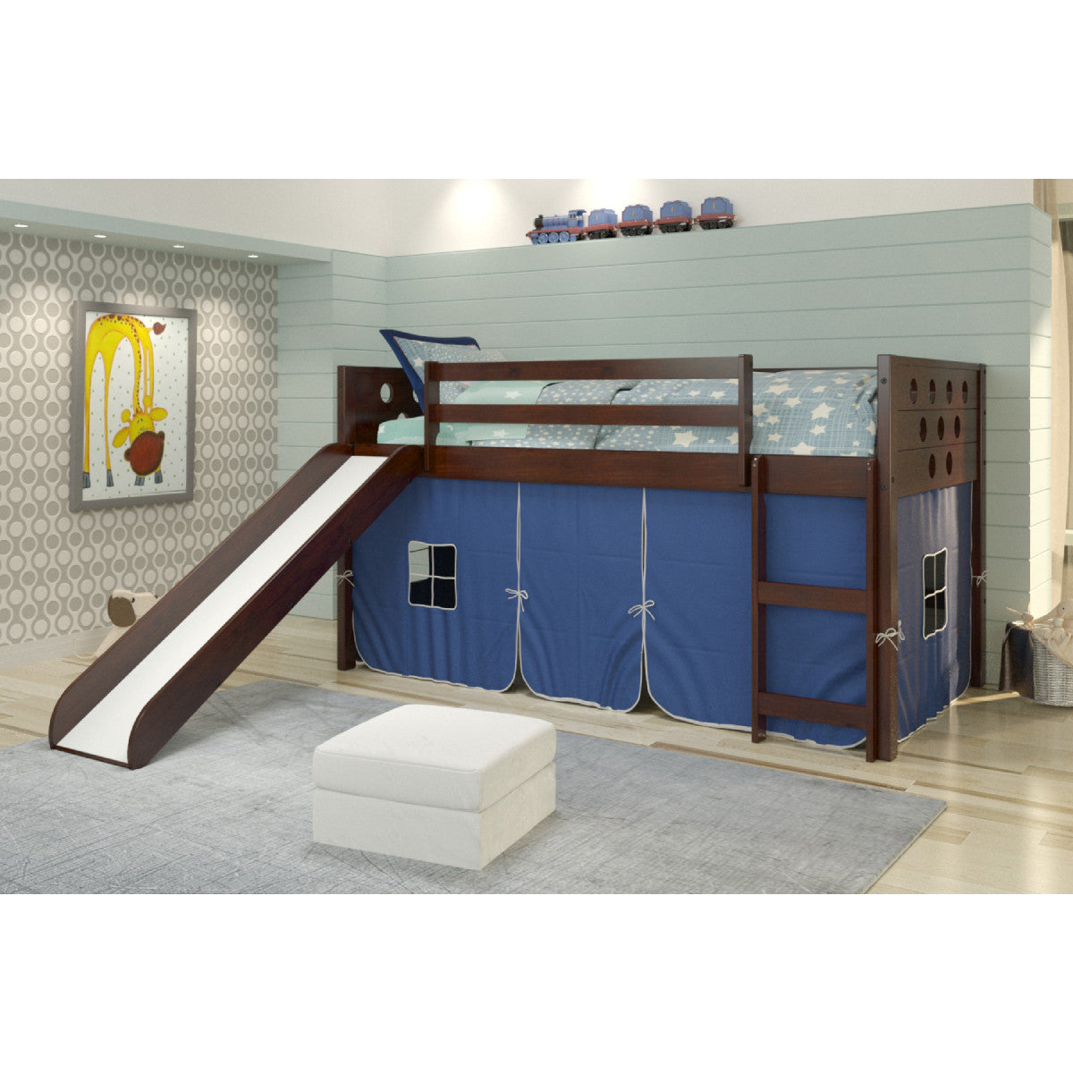 TWIN CIRCLES LOW LOFT W/SLIDE & BLUE TENT KIT IN DARK CAPPUCCINO FINISH