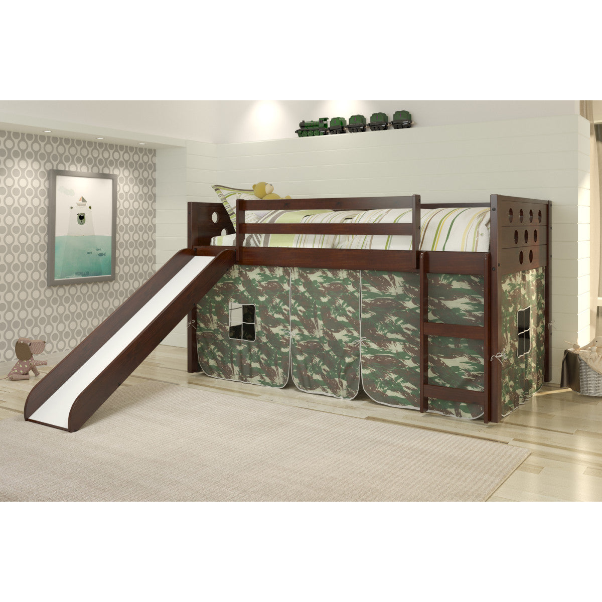 TWIN CIRCLES LOW LOFT W/SLIDE & CAMO TENT KIT IN DARK CAPPUCCINO FINISH