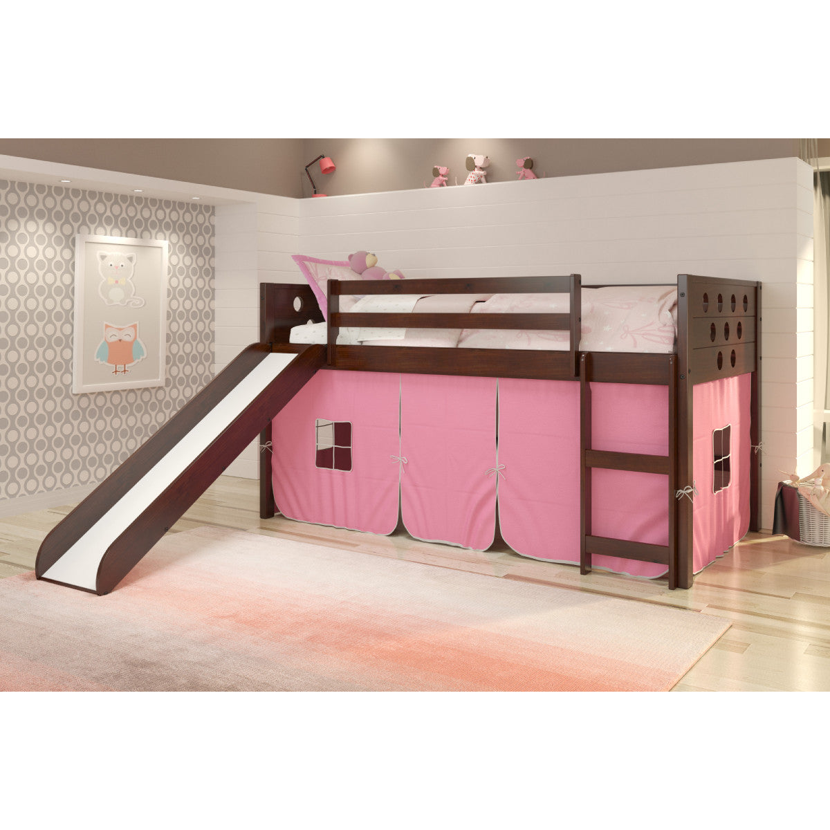 TWIN CIRCLES LOW LOFT W/SLIDE & PINK TENT KIT IN DARK CAPPUCCINO FINISH