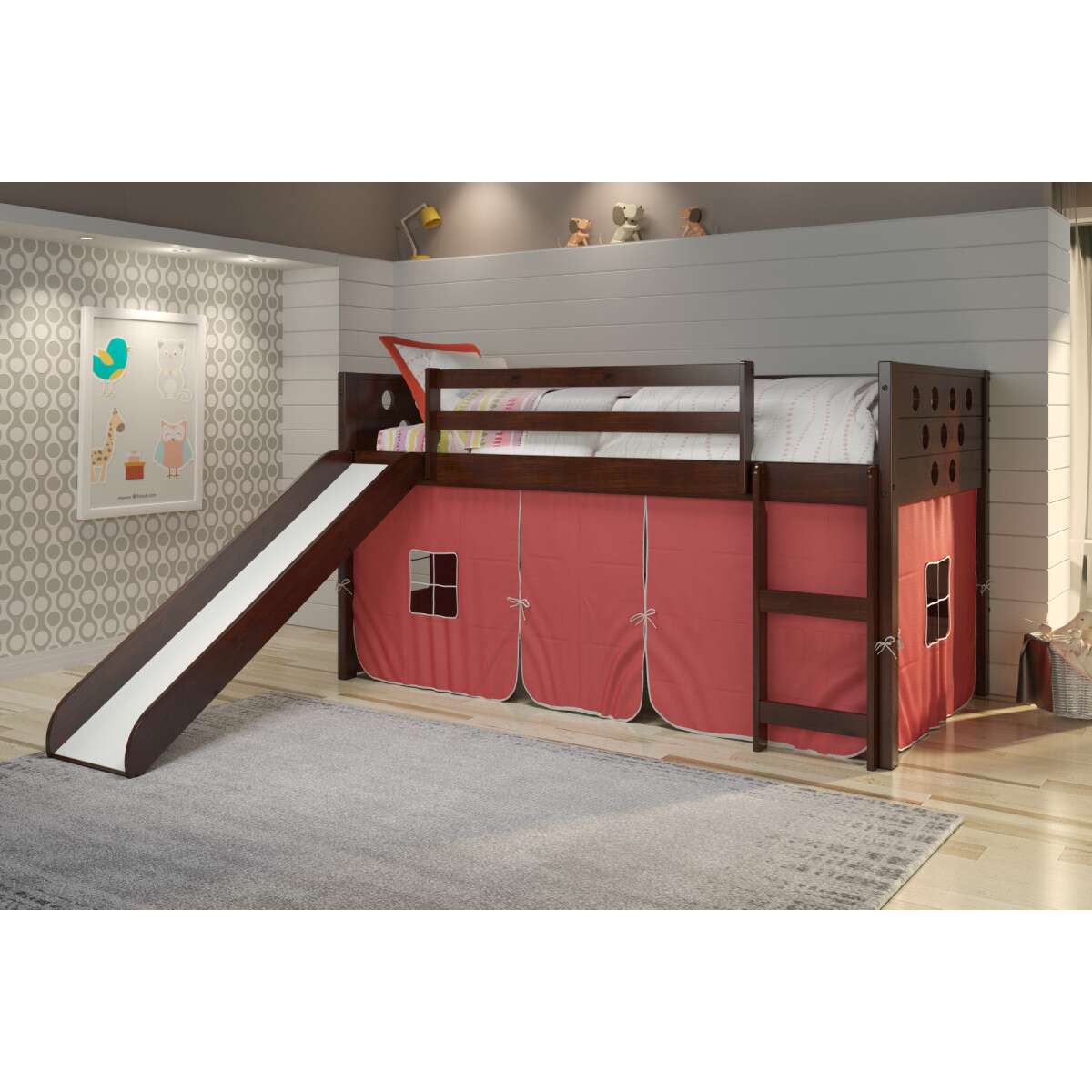TWIN CIRCLES LOW LOFT W/SLIDE & RED TENT KIT IN DARK CAPPUCCINO FINISH
