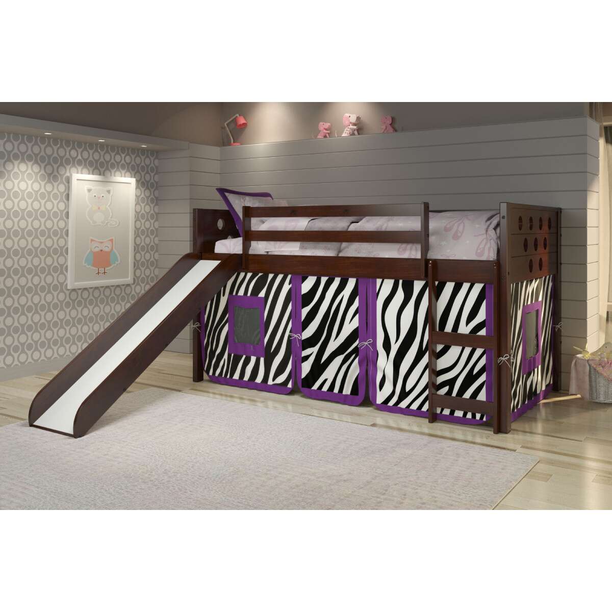 TWIN CIRCLES LOW LOFT W/SLIDE & ZEBRA TENT KIT IN DARK CAPPUCCINO FINISH