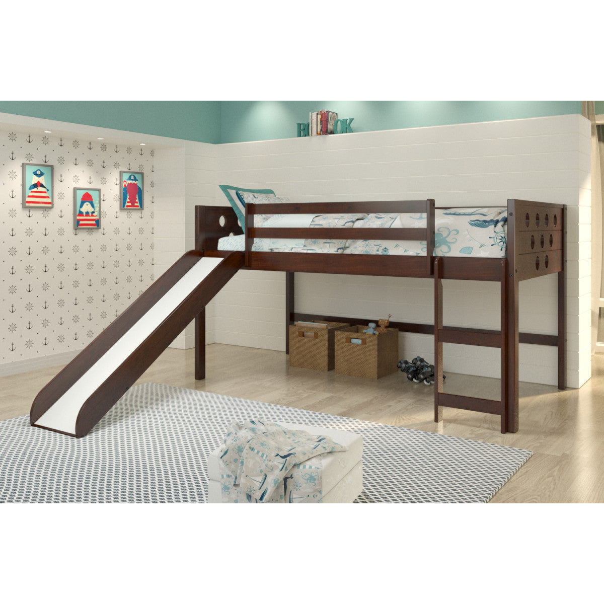 TWIN CIRCLES LOW LOFT W/SLIDE DARK CAPPUCCINO FINISH