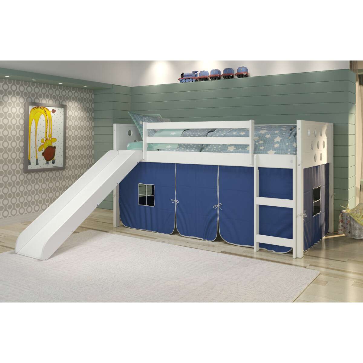 TWIN CIRCLES LOW LOFT W/SLIDE & BLUE TENT KIT IN WHITE FINISH