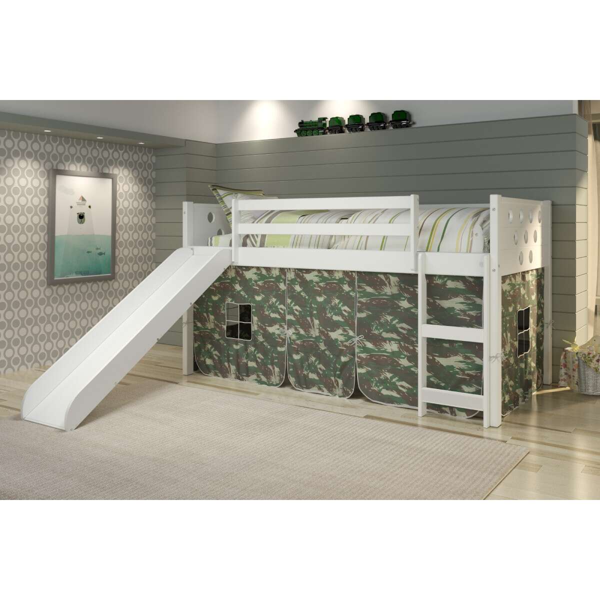 TWIN CIRCLES LOW LOFT W/SLIDE & CAMO TENT KIT IN WHITE FINISH