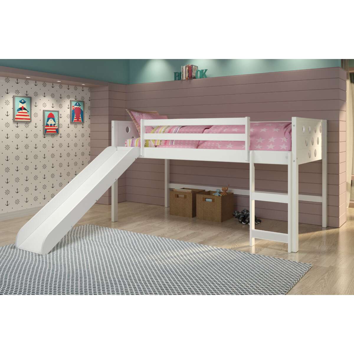 TWIN CIRCLES LOW LOFT W/SLIDE IN WHITE FINISH