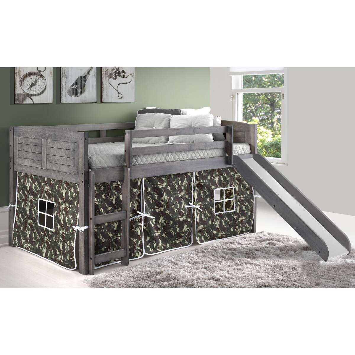 TWIN LOUVER LOW LOFT W/SLIDE & CAMO TENT KIT IN ANTIQUE GREY FINISH