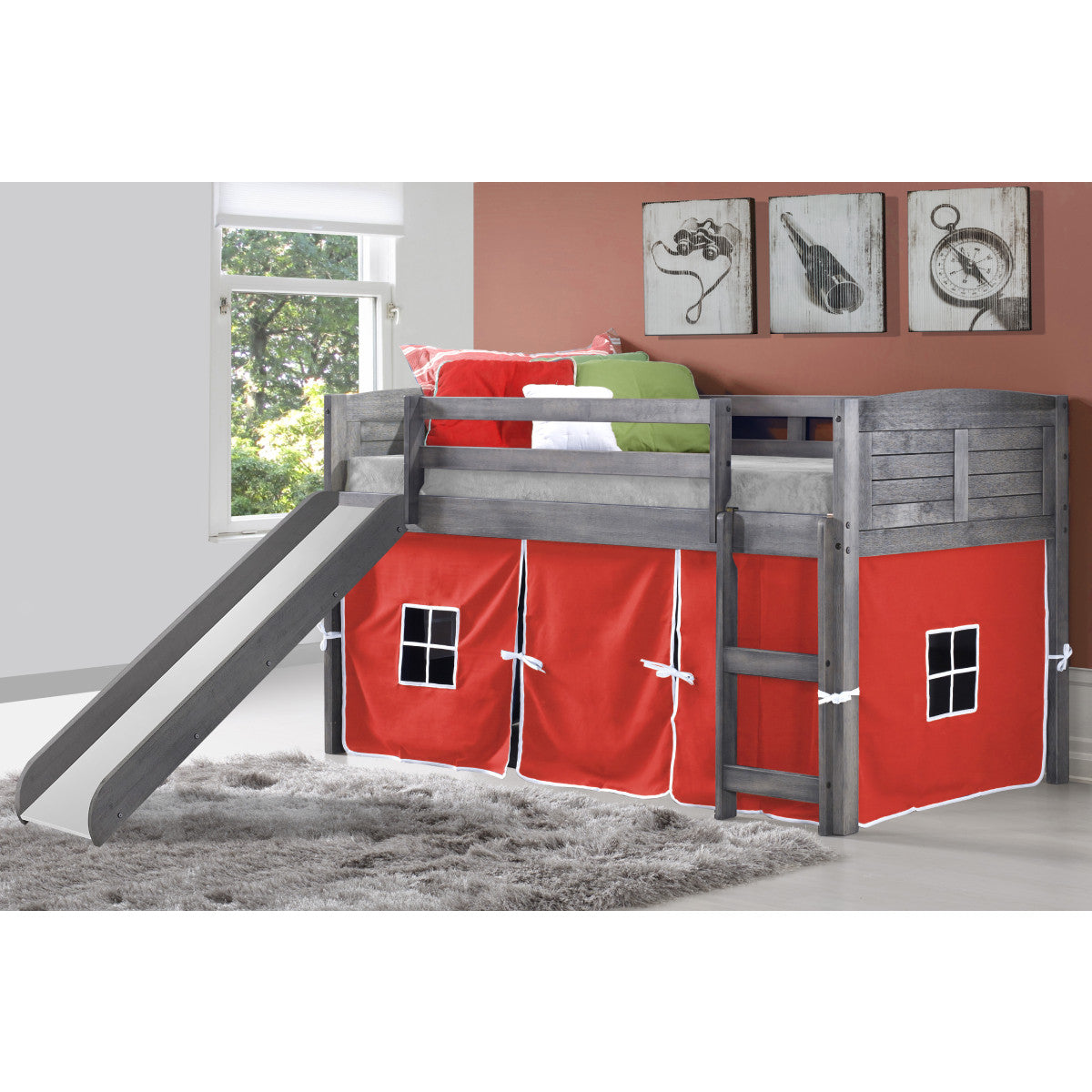 TWIN LOUVER LOW LOFT W/SLIDE & RED TENT KIT IN ANTIQUE GREY FINISH