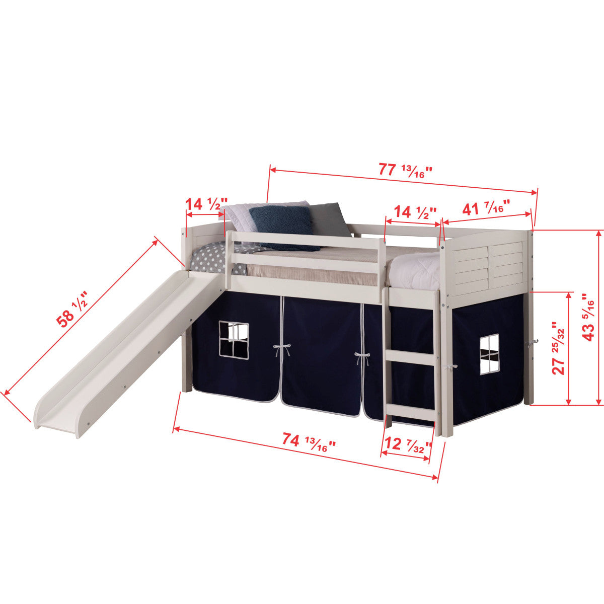 TWIN LOUVER LOW LOFT WHITE W/BLUE TENT & SLIDE