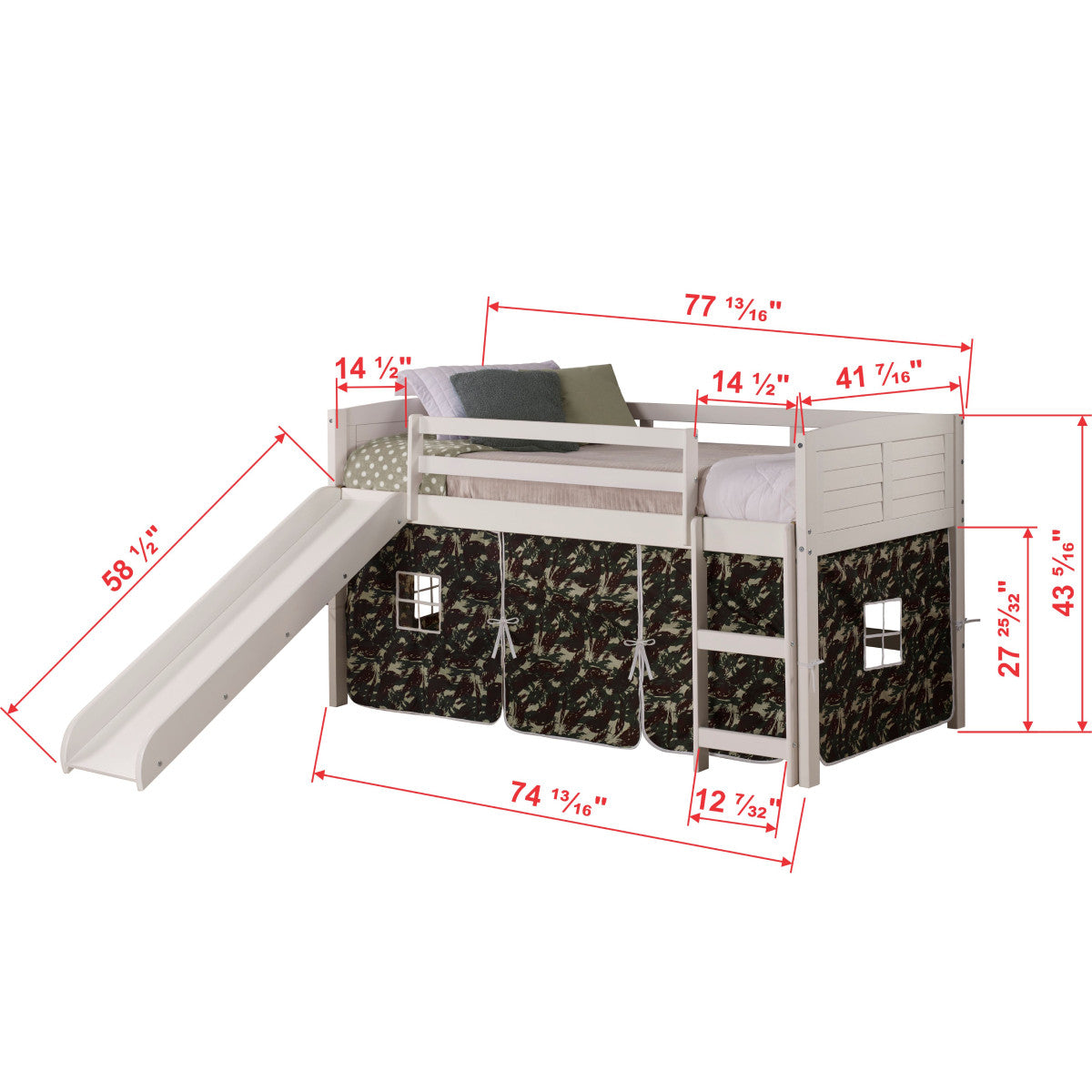 TWIN LOUVER LOW LOFT WHITE W/CAMO TENT & SLIDE