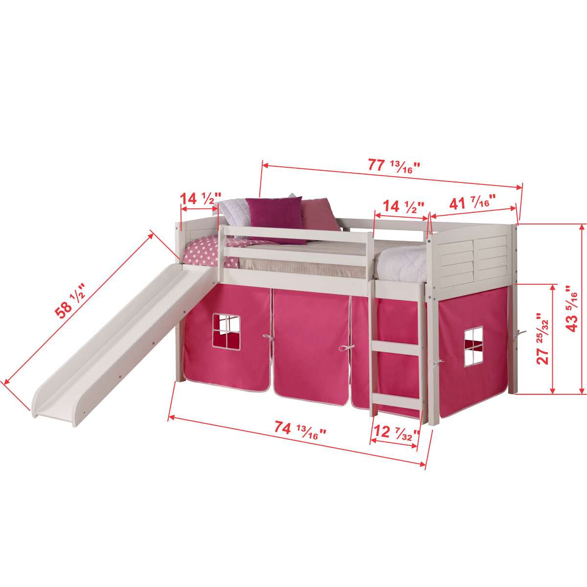 TWIN LOUVER LOW LOFT WHITE W/PINK TENT & SLIDE