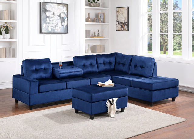 22Heights Sectional + Storage Ottoman - Blue Velvet