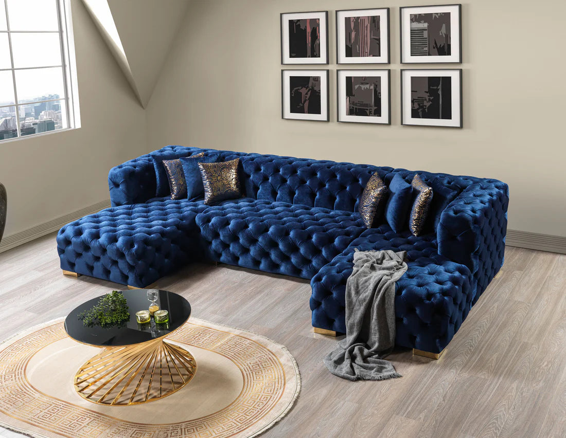 Neva Blue Velvet Double Chaise 138” Sectional