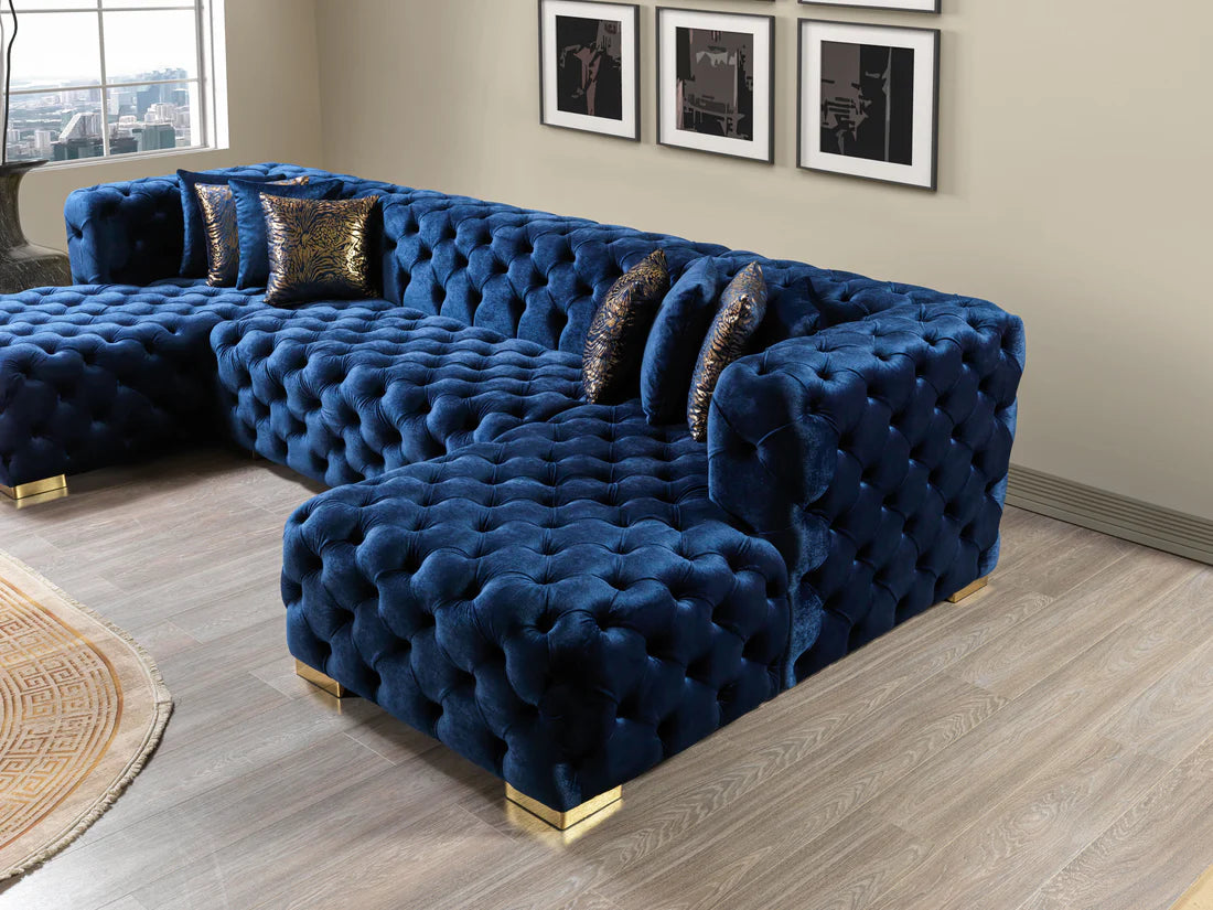 Neva Blue Velvet Double Chaise 138” Sectional