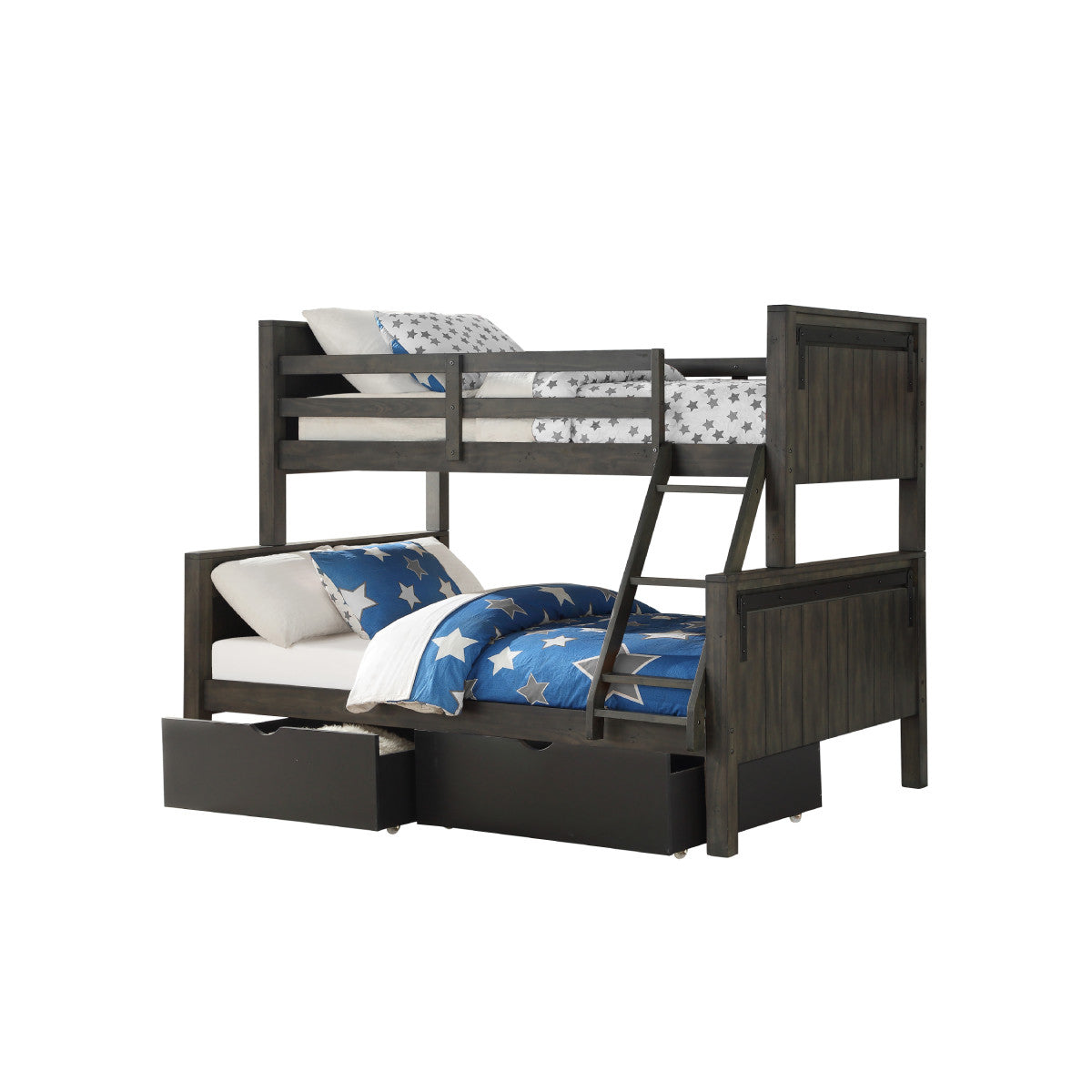 TWIN/FULL BUNK BED IN CITY SHADOW FINISH WITH DUAL UNDERBED DRAWERS IN LOW SHEEN BLACK FINISH
