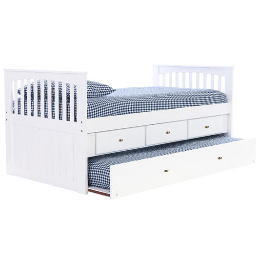 TWIN MISSION RAKE BED WITH 3 DRAWER STORAGE AND TWIN TRUNDLE BED IN WHITE FINISH