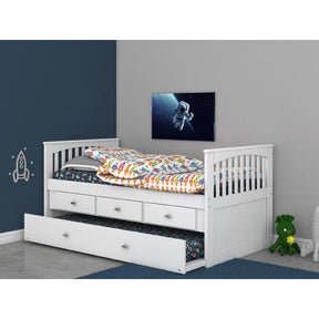 TWIN MISSION RAKE BED WITH 3 DRAWER STORAGE AND TWIN TRUNDLE BED IN WHITE FINISH