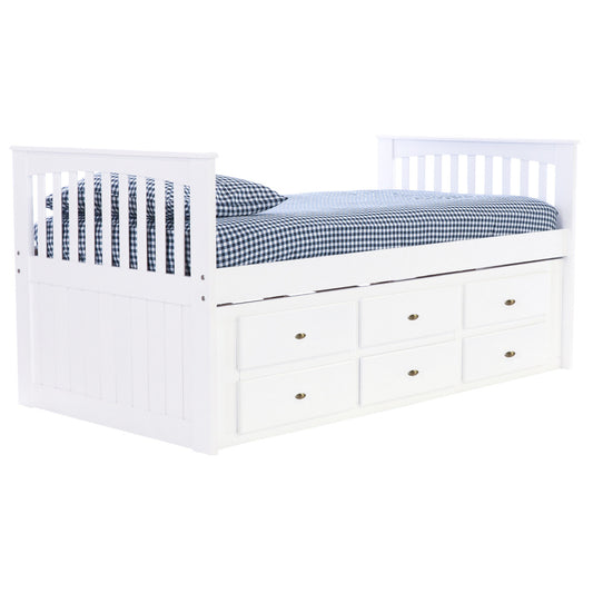 TWIN MISSION RAKE BED WITH 6 DRAWER UNDER BED STORAGE IN WHITE FINISH