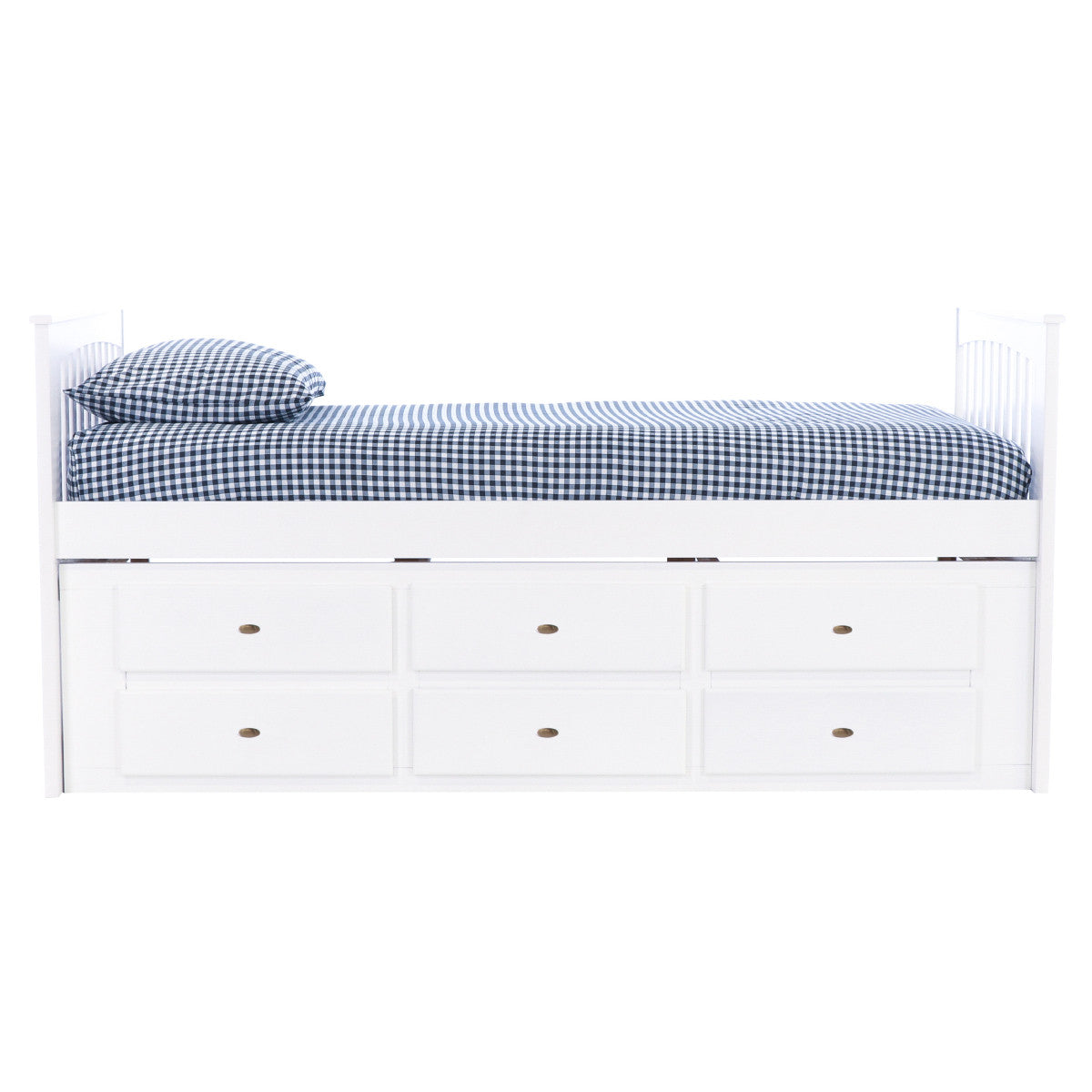 TWIN MISSION RAKE BED WITH 6 DRAWER UNDER BED STORAGE IN WHITE FINISH