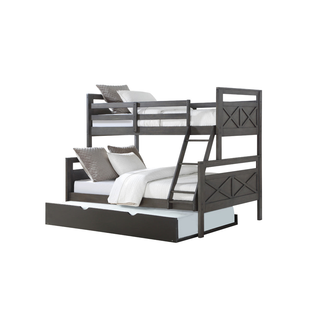 TWIN/FULL BUNK BED RUSTIC GREY FINISH WITH TWIN TRUNDLE BED IN LOW SHEEN BLACK FINISH
