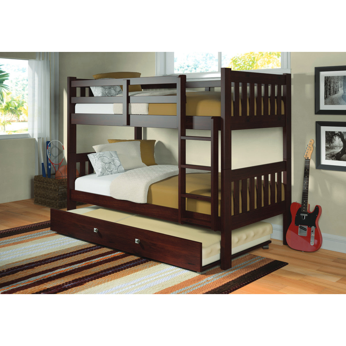 TWIN/TWIN MISSION BUNK BED W/TWIN TRUNDLE BED IN CAPPUCCINO