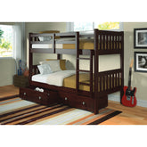 TWIN/TWIN MISSION BUNK BED W/DUAL UNDER BED DRAWERS IN CAPPUCCINO