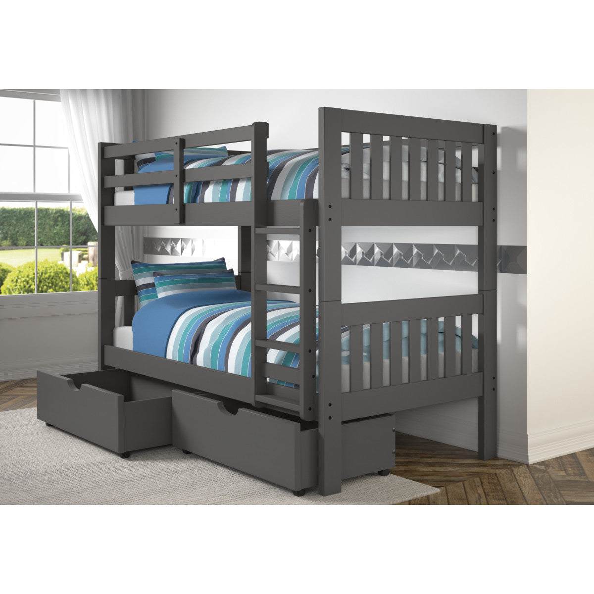 TWIN/TWIN MISSION BUNK BED W/DUAL UNDER BED DRAWERS IN DARK GREY FINISH