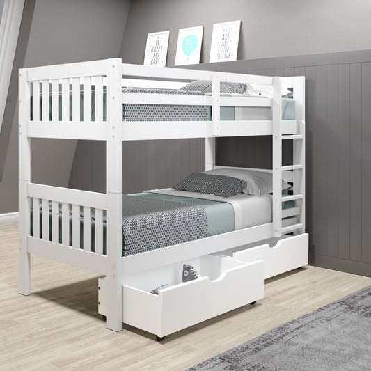 TWIN/TWIN MISSION BUNK BED W/DUAL UNDER BED DRAWERS IN WHITE FINISH