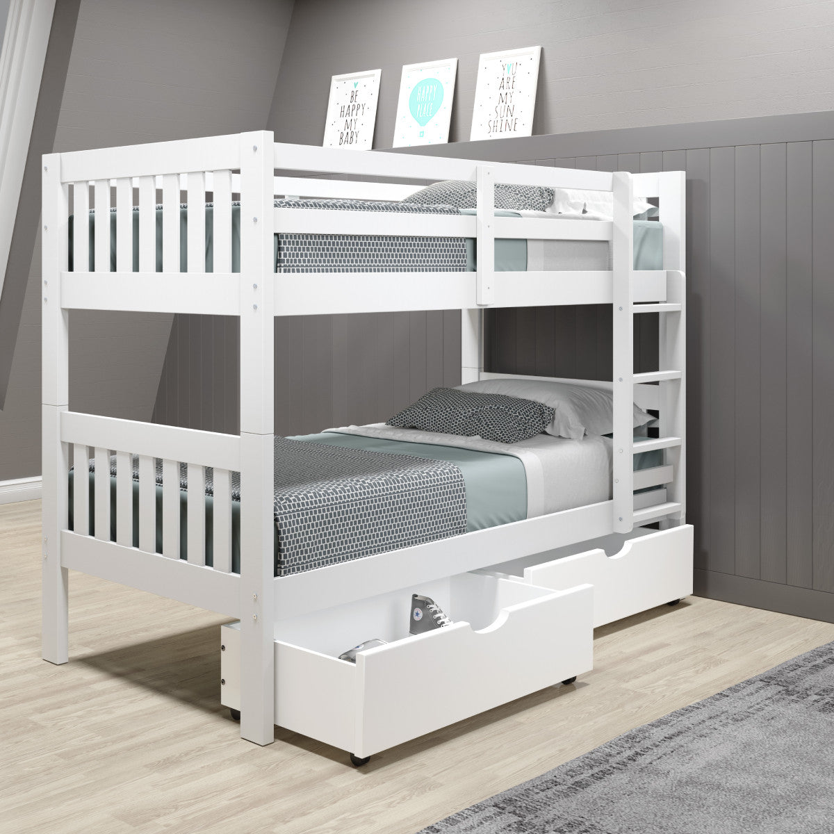 TWIN/TWIN MISSION BUNK BED W/DUAL UNDER BED DRAWERS IN WHITE FINISH