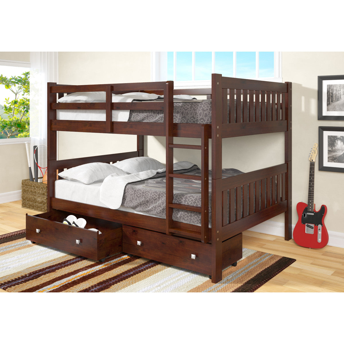 FULL/FULL MISSION BUNK BED WITH DUAL UNDERBED DRAWERS DARK CAPPUCCINO FINISH