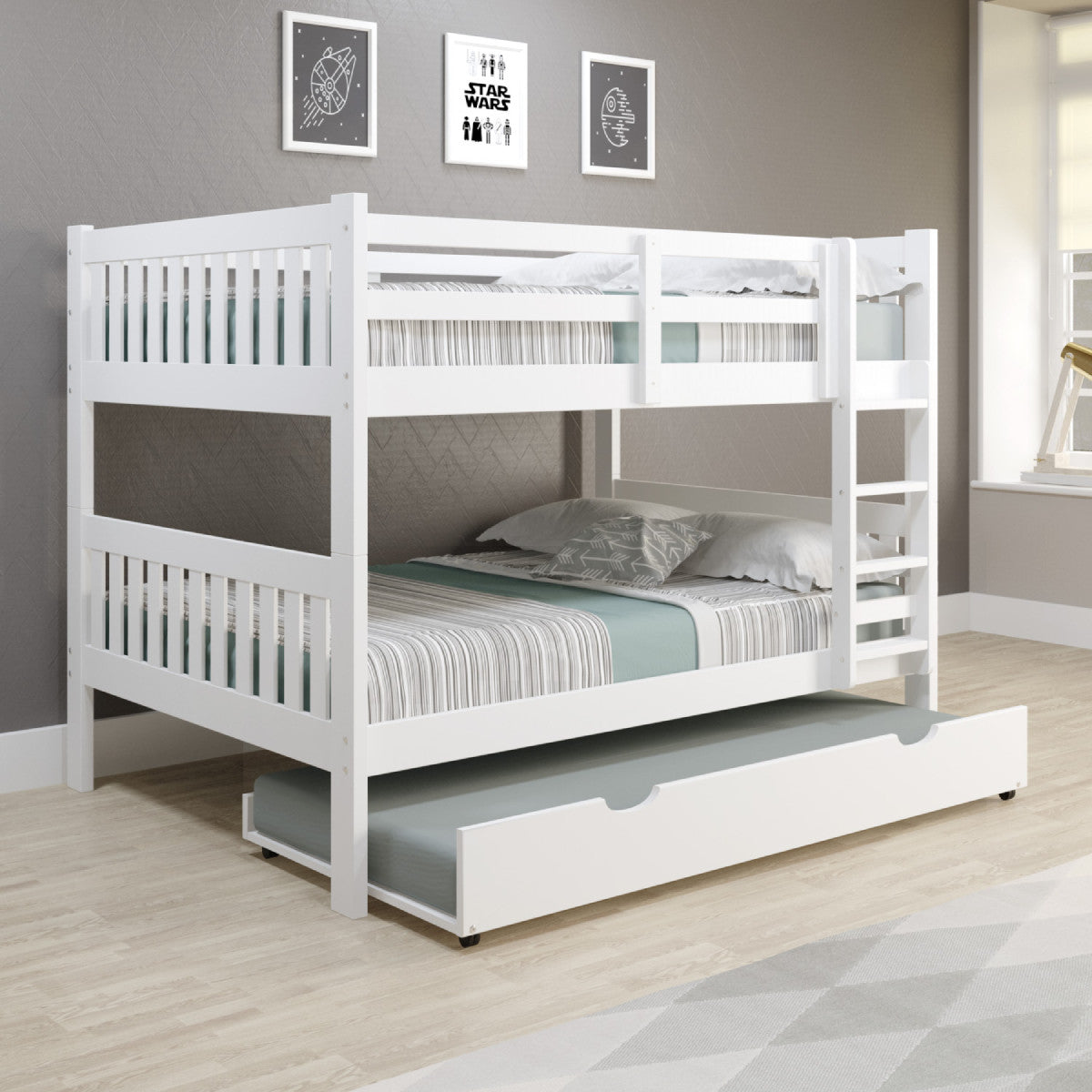 FULL/FULL MISSION BUNK BED W/TWIN TRUNDLE BED IN WHITE FINISH