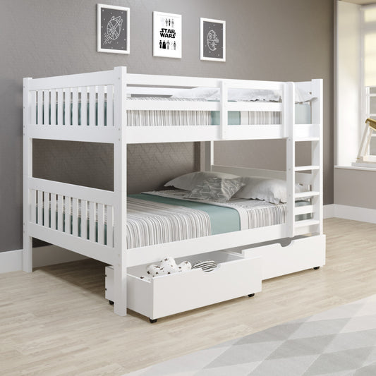 FULL/FULL MISSION BUNK BED W/DUAL UNDERBED DRAWERS IN WHITE FINISH